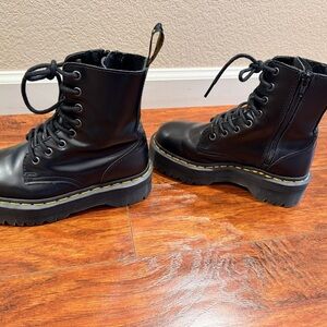 Dr. Martens Black Leather Platform Combat Boots with Yellow Stitching